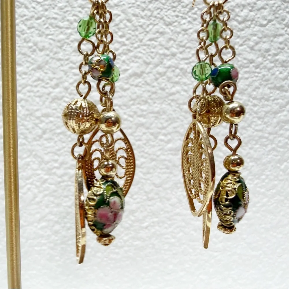 Gold Tone Cloisonne Bead Leaf Hook Dangle Earrings
